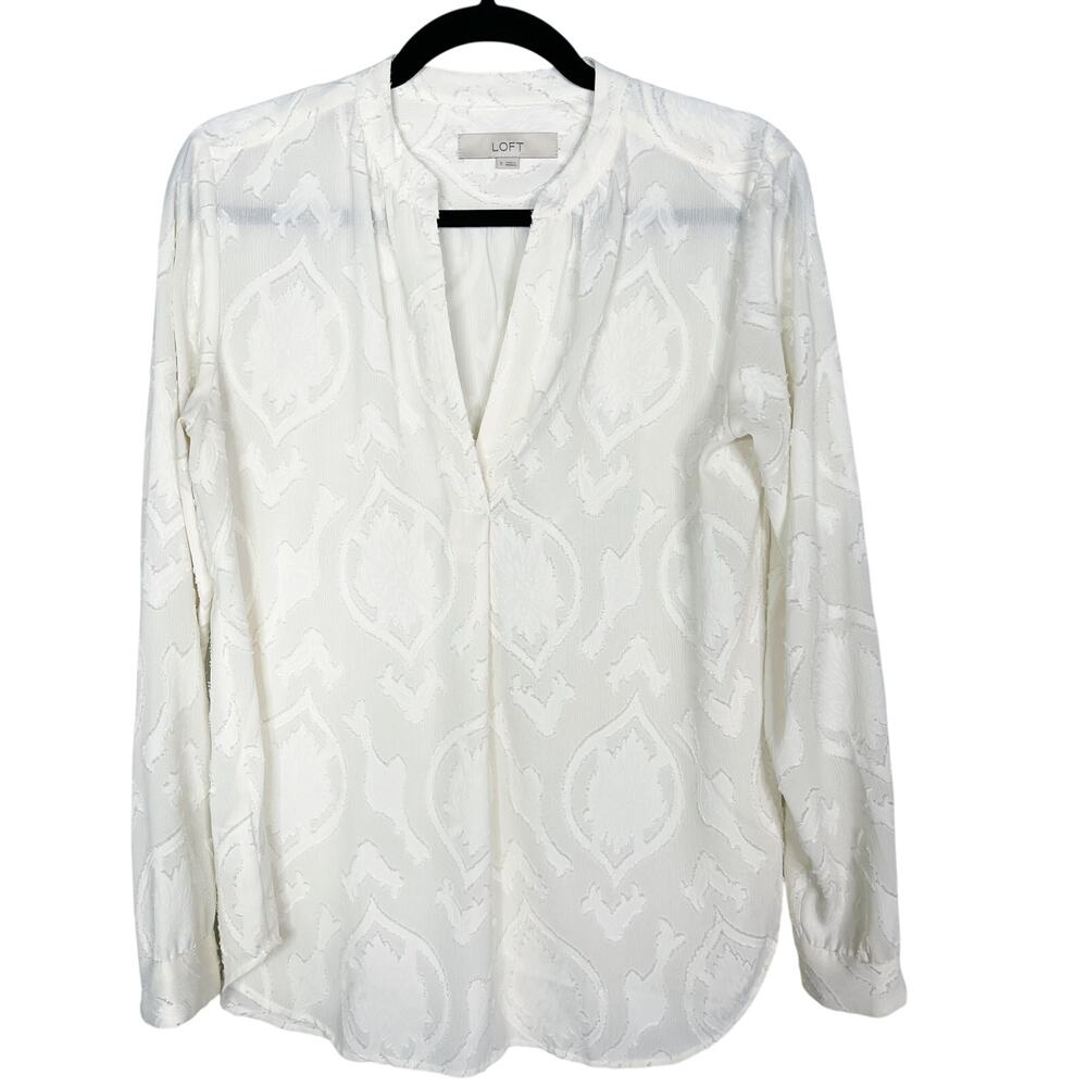 LOFT Small S Off White Blossom Jacquard Textured Long Sleeve Blouse Split VNeck